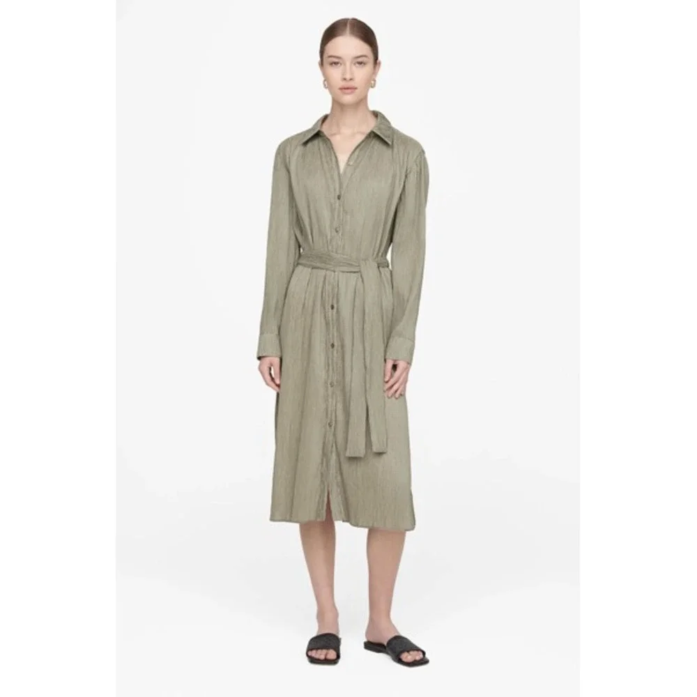 Anine Bing Alma Pleated Shirt Midi Dress Size Small Belted Green Khaki Modern